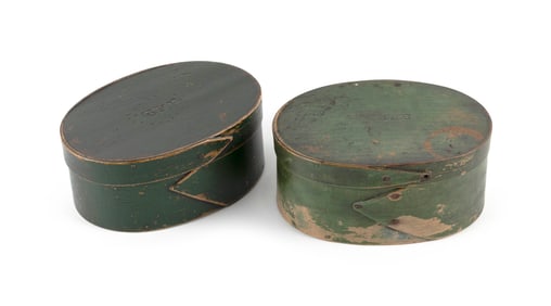 TWO BELA FRENCH HERSEY GREEN PAINTED PANTRY BOXES Hingham, Massachusetts, 19th Century Heights