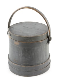 QUINCY HERSEY BLUE-GRAY PAINTED FIRKIN Hingham, Massachusetts, 19th Century Height 9.25". Diameter