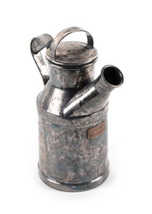 REED & BARTON SILVER PLATED MILK CAN COCKTAIL SHAKER BELONGING TO PROMINENT HINGHAM RESIDENT CHARLES: REED & BARTON SILVER PLATED MILK CAN COCKTAIL SHAKER BELONGING TO PROMINENT HINGHAM RESIDENT CHARLES BARNESTaunton, Massachusetts, Early 20th CenturyApplied copper plaque under spout engraved "C.B. Ba