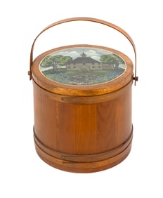 PAINT-DECORATED FIRKIN COMMEMORATING THE AMERICAN BICENTENNIAL Circa 1976 Height 14". Diameter 15".