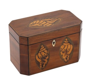 GEORGE III INLAID MAHOGANY VENEER TEA CADDY Early 19th Century Height 5". Width 7.5". Depth 4.25".