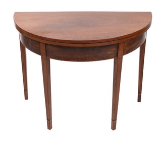 GODDARD HEPPLEWHITE MAHOGANY DEMILUNE CARD TABLE Rhode Island, Circa 1800 Height 29". Width 37.5".