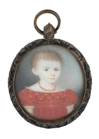 AMERICAN SCHOOL (19th Century,), Miniature portrait of a child wearing a red dress and a coral bead