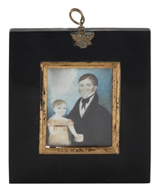 AMERICAN SCHOOL (19th Century,), Miniature portrait of a father and a child in a yellow dress, circa