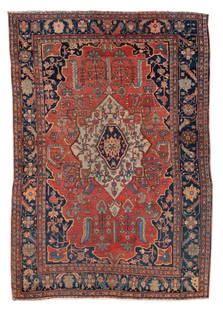 FEREGHAN SAROUK RUG: 4'6" X 6'8" Circa 1920: FEREGHAN SAROUK RUG: 4'6" X 6'8"Circa 1920Ivory gabled medallion with a navy blue floral center is surrounded by blue, gold, ivory and olive green stylized branches, blossoms and leaves on a red field