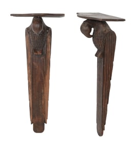 PAIR OF CARVED WOODEN BRACKET SHELVES Late 19th/Early 20th Century Heights approx. 35.5". Widths