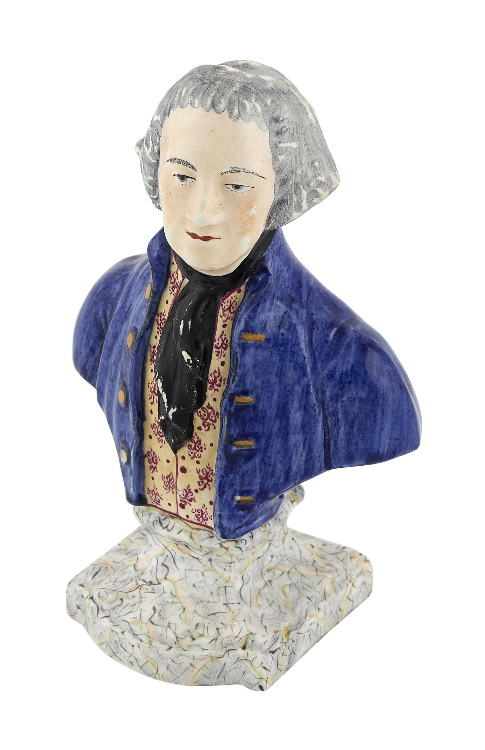 STAFFORDSHIRE BUST OF GEORGE WASHINGTON England, Late 19th Century Height 8.25".: STAFFORDSHIRE BUST OF GEORGE WASHINGTON England, Late 19th Century After Houdin. Height 8.25". Provenance: The Collection of Arun and Barbara Singh.