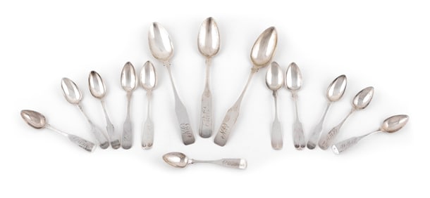FOURTEEN COIN SILVER SPOONS 18th-19th Century Approx. 8.4 troy oz.