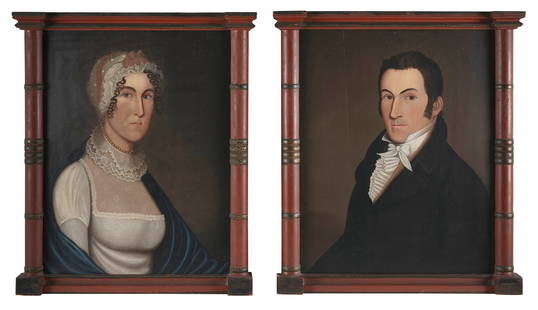 ZEDEKIAH BELKNAP (Massachusetts/Connecticut/New Hampshire, 1781-1858), Part of portraits, likely a: ZEDEKIAH BELKNAPMassachusetts/Connecticut/New Hampshire, 1781-1858Part of portraits, likely a husband and his wife, circa 1815. Unsigned. Housed in their original hand-painted frames.Oils on panel, 24