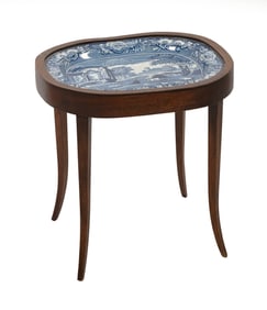 BLUE AND WHITE STAFFORDSHIRE PLATTER, FITTED AS A STAND England, 19th Century 16" x 12". Stand