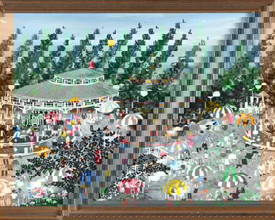 MAXWELL MAYS (Rhode Island, 1918-2009), Carousel scene, probably the Crescent Park Looff Carousel in: MAXWELL MAYSRhode Island, 1918-2009Carousel scene, probably the Crescent Park Looff Carousel in Riverside, Rhode Island. Signed and dated lower left "Maxwell Mays 83".Oil on board, 24" x 30". Framed 2