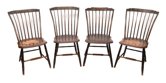 SET OF FOUR PAINT-DECORATED STEP-DOWN WINDSOR CHAIRS America, 19th Century Back heights 33.25". Seat