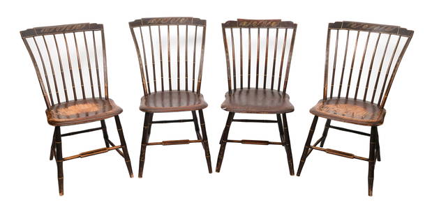 SET OF FOUR PAINT-DECORATED STEP-DOWN WINDSOR CHAIRS America, 19th Century Back heights 33.25". Seat: SET OF FOUR PAINT-DECORATED STEP-DOWN WINDSOR CHAIRSAmerica, 19th CenturyBelieved to be by John White of Woodstock, Vermont. Painted brown with off-white wavy decoration on crests.Back heights 33.25".