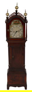 RARE JOSHUA WILDER FEDERAL DWARF CLOCK Hingham, Massachusetts, Circa 1820 Height approx. 48.25".: RARE JOSHUA WILDER FEDERAL DWARF CLOCKHingham, Massachusetts, Circa 1820Inlaid and figured mahogany and mahogany veneer case. Bonnet with pierced fretwork joining three plinths topped with brass ball