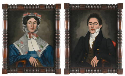 ATTRIBUTED TO ERASTUS SALISBURY FIELD (Connecticut/New York, 1805-1900), Pair of portraits depicting: ATTRIBUTED TO ERASTUS SALISBURY FIELDConnecticut/New York, 1805-1900Pair of portraits depicting a lady and a gentleman. Unsigned. Housed in their original turned and painted wooden frames.Oils on canv