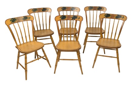SET OF SIX PAINT-DECORATED WINDSOR CHAIRS America, Circa 1828-1835 Back heights 33.5". Seat heights