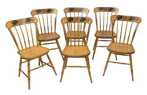 SET OF SIX PAINT-DECORATED WINDSOR CHAIRS America, Circa 1828-1835 Back heights 33.5". Seat heights: SET OF SIX PAINT-DECORATED WINDSOR CHAIRSAmerica, Circa 1828-1835Attributed to Jonathan Whitney of Templeton, Massachusetts. Green and ochre trim against a mustard yellow ground, the crests with stenc