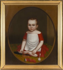 HORACE BUNDY (Vermont/New Hampshire, 1814-1883), Portrait of a toddler with its shoe and a rattle.,