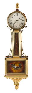 AARON WILLARD BANJO CLOCK Boston, Circa 1810-1825 Height 41". Width 10.5".: AARON WILLARD BANJO CLOCKBoston, Circa 1810-1825Mahogany case with brass side arms, and gilt finial, moldings and presentation bracket. Reverse-painted glass throat and door panels, both possibly earl