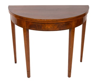 HEPPLEWHITE-STYLE INLAID MAHOGANY DEMILUNE CARD TABLE Height 29.75". Width 36". Depth 18".