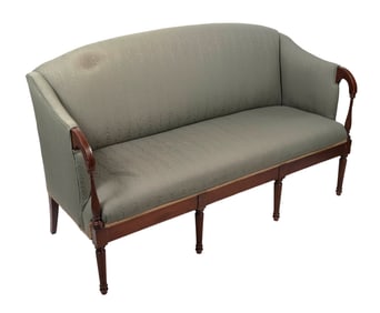 SHERATON-STYLE MAHOGANY SOFA Back height 39.25". Seat height 19.5". Length 64.5".