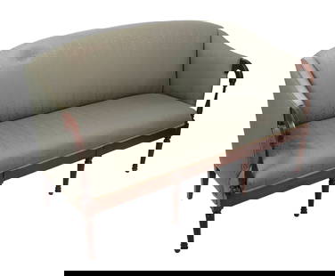 SHERATON-STYLE MAHOGANY SOFA Back height 39.25". Seat height 19.5". Length 64.5".: SHERATON-STYLE MAHOGANY SOFASlightly arched back. Tapered reeded arm supports and legs. Pale green moire upholstery.Back height 39.25". Seat height 19.5". Length 64.5". Provenance:The Collection of Ar