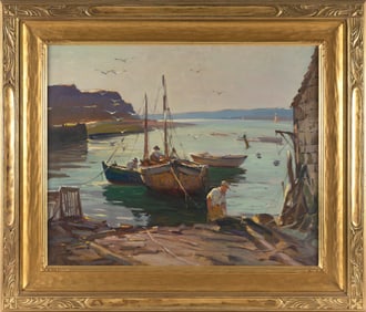 ANTONIO CIRINO (Rhode Island/Italy, 1889-1983), North Shore harbor scene., Oil on canvas, 25" x 30".