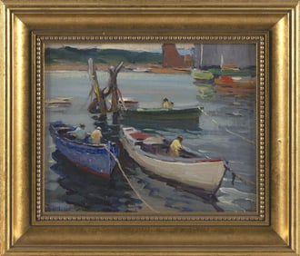 ANTONIO CIRINO (Rhode Island/Italy, 1889-1983), "Lobsterman in Port"., Oil on board, 8" x 10".