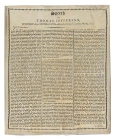 RARE AND HISTORIC SILK BROADSIDE OF THOMAS JEFFERSON'S FIRST INAUGURAL ADDRESS 1801 Printed on silk