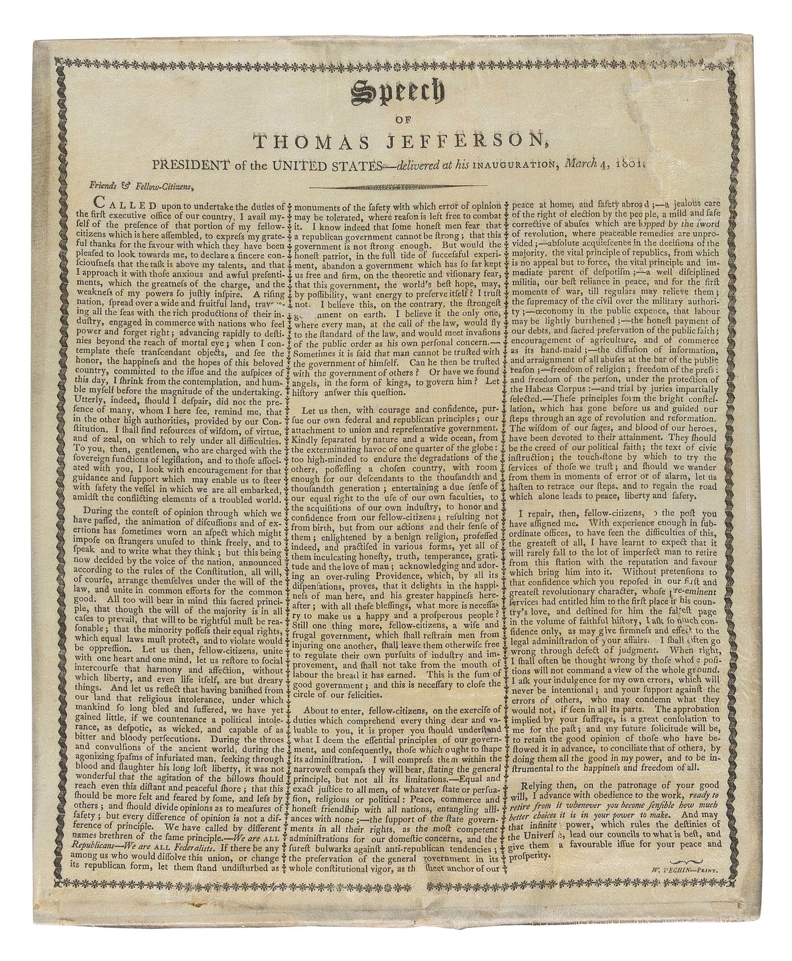 RARE AND HISTORIC SILK BROADSIDE OF THOMAS JEFFERSON'S FIRST INAUGURAL ADDRESS 1801 Printed on silk