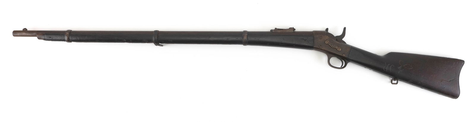 REMINGTON ROLLING BLOCK RIFLE 19th Century Length of barrel 35". Total length 50".: REMINGTON ROLLING BLOCK RIFLE19th Century.32 cal., no serial number. Dull brown finish.Length of barrel 35". Total length 50".