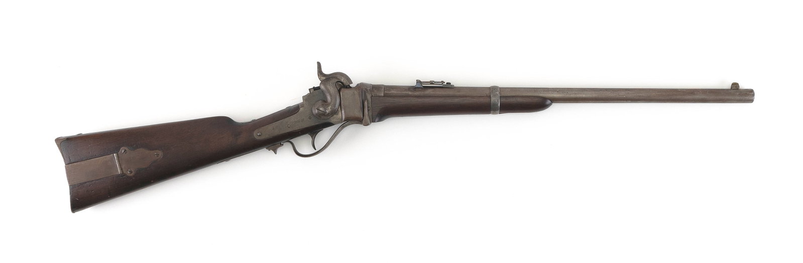 SHARPS NEW MODEL 1859 CAVALRY CARBINE 19th Century Length of barrel 22". Total length 39".: SHARPS NEW MODEL 1859 CAVALRY CARBINE 19th Century .52 cal., Serial #34864. Inset with patch box. Length of barrel 22". Total length 39".