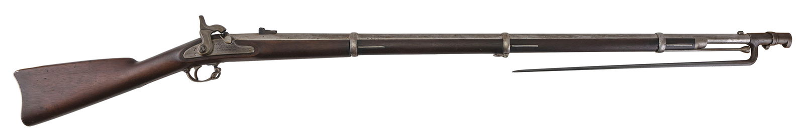 U.S SPRINGFIELD 1862 MUSKET 1862 Length of barrel 40". Total length 56.5".: U.S SPRINGFIELD 1862 MUSKET1862.58 cal. Three barrel bands and two sling swivels. Top of barrel stamped "S". Includes period ramrod and bayonet.Length of barrel 40". Total length 56.5".