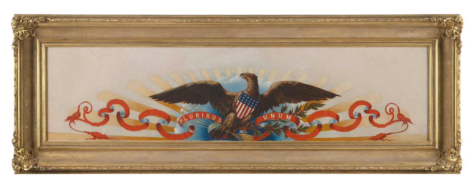 AMERICAN SCHOOL (Circa 1860s,), Outstanding Civil War-era patriotic painting of a spread-wing eagle: AMERICAN SCHOOL Circa 1860s Outstanding Civil War-era patriotic painting of a spread-wing eagle and other elements from the Great Seal of the United States. The eagle's head looks towards its right, t