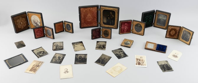 SEVEN EARLY PHOTOGRAPHS IN GUTTA-PERCHA CASES 19th Century From 2.75" x 3" to 6.25" x 5.5".