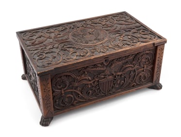 IMPORTANT JOHN HALEY BELLAMY CARVED MAHOGANY BOX COMMEMORATING THE U.S. CENTENNIAL America, Circa