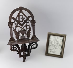JOHN HALEY BELLAMY AND DAVID A. TITCOMB WORKSHOP MASONIC WHATNOT SHELF AND SCARCE BELLAMY LETTER
