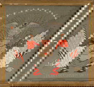 PATRIOTIC SILK NEEDLEWORK PICTURE "NEW YORK" 19th Century 19.5" x 21" sight. Framed 23" x 24.5".