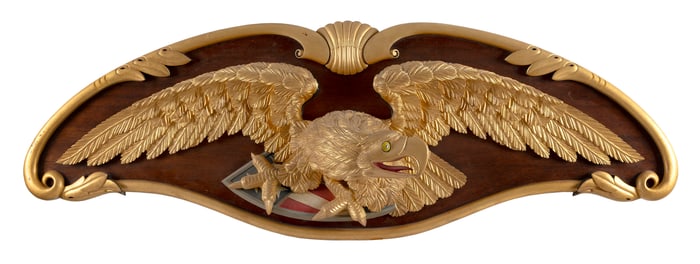 PETER Q. LIBBEY SPREAD-WING EAGLE PLAQUE Maine, Circa 1975 Height 30". Width 60". Depth 9".