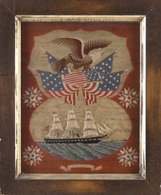 RARE AMERICAN WOOLWORK PICTURE DEPICTING THE U.S.S. "HARTFORD" Mid-19th Century 21.75" x 17" sight.