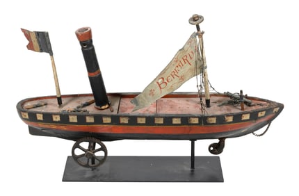 FRENCH FOLK ART SHIP PULL TOY 19th Century Height 32". Length 47". Width 10".