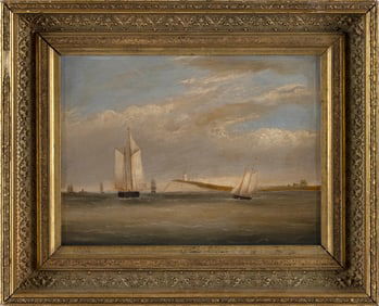 CLEMENT DREW (Massachusetts, 1806-1889), "Long Island Boston Harbor"., Oil on board, 9" x 12".
