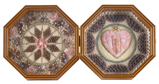 SANDY MORAN DOUBLE SAILOR'S VALENTINE Cape Cod, Massachusetts, 1944-2000 Case width 9.25".