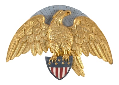 PAUL WHITE (Cape Cod, Contemporary), Carved, painted and gilded eagle and Liberty shield plaque.,