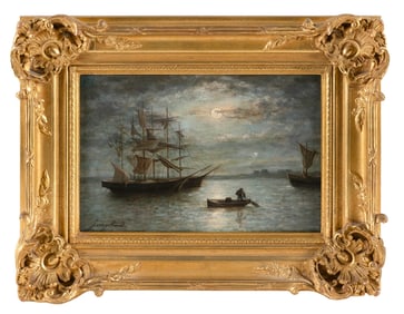 JOHAN BARTHOLD JONGKIND (The Netherlands/France, 1819-1891), Moonlit harbor., Oil on panel, 9.5" x