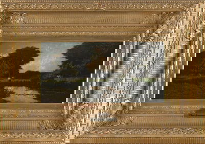 ATTRIBUTED TO THEODORE ROUSSEAU (France, 1812-1867), Figure standing by a pond., Oil on canvas, 7" x