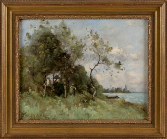 PAUL DESIRE TROUILLEBERT (France, 1829-1900), Figure by the water's edge., Oil on canvas, 13" x