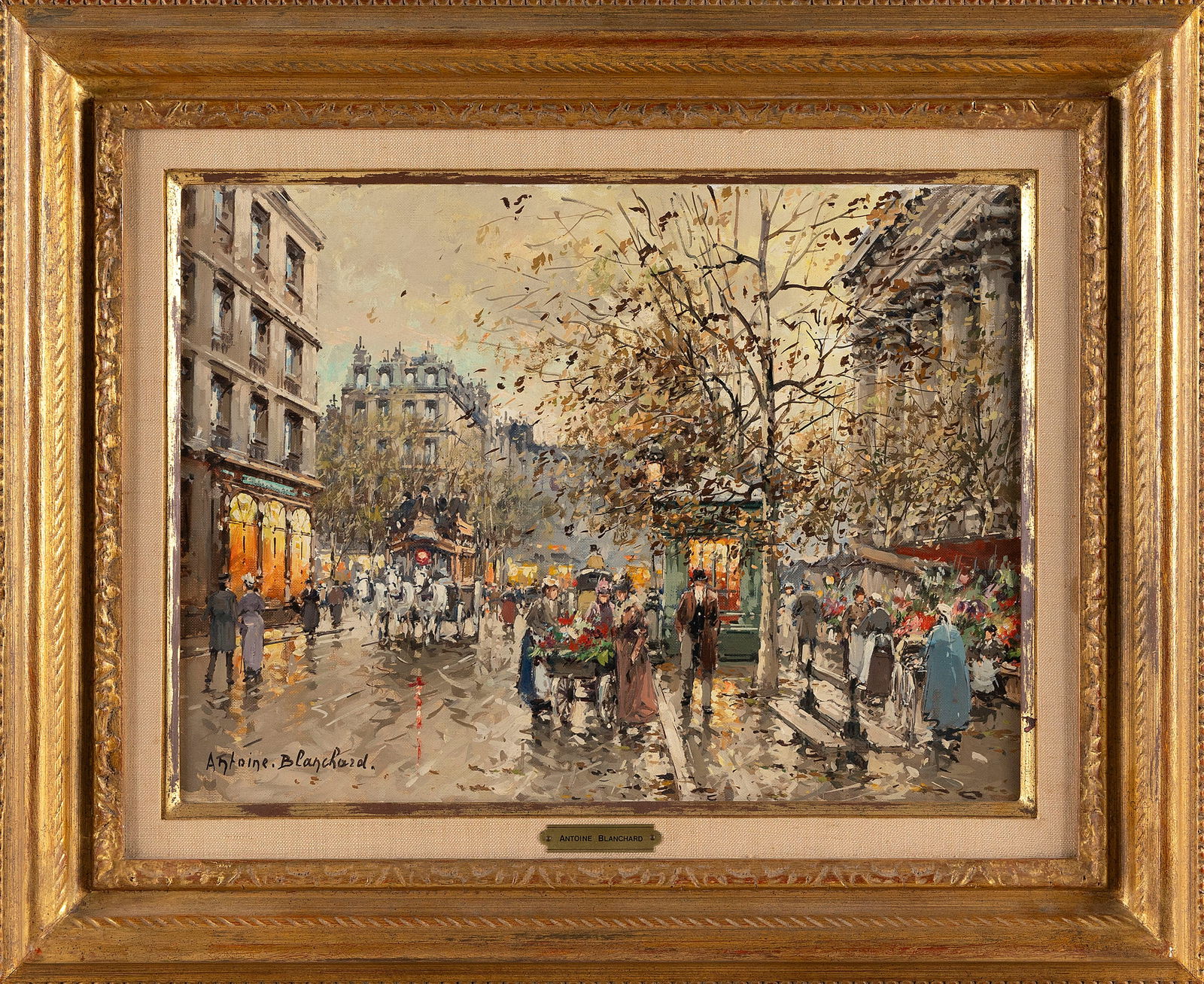 ANTOINE BLANCHARD (France, Circa 1910-1988), March? aux fleurs, Place de la Madeleine., Oil on: ANTOINE BLANCHARDFrance, Circa 1910-1988March? aux fleurs, Place de la Madeleine. Signed lower left "Antoine Blanchard".Oil on canvas, 13" x 18". Framed 20.5" x 25". Provenance:Wally Findlay Galleries