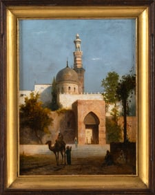 THEODORE FRERE (France, 1814-1888), Figures and a camel by city steps, likely Cairo., Oil on panel,