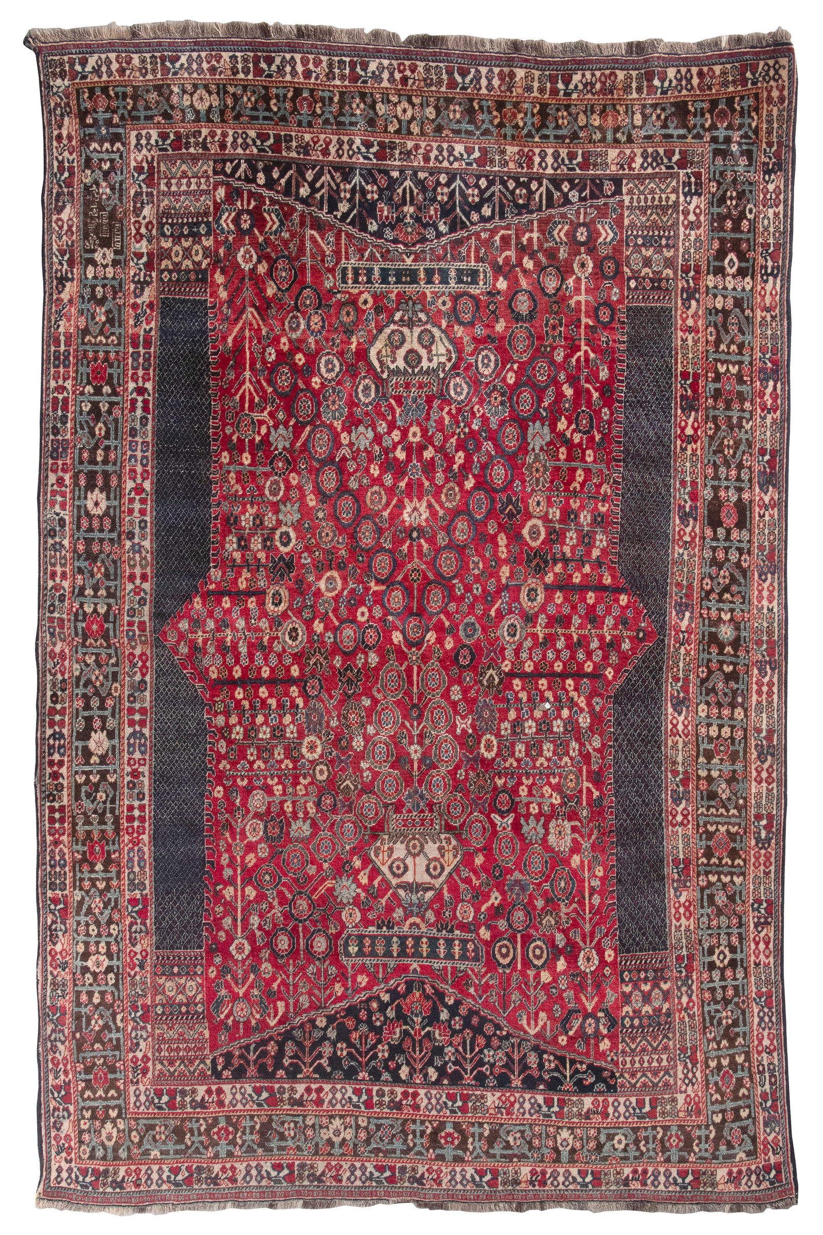 QASHQAI RUG: 6'5" X 9'10" Mid-20th Century: QASHQAI RUG: 6'5" X 9'10"Mid-20th CenturyAbrashed ruby red field is saturated by delicate blue, green, chocolate brown, yellow and ivory flowering branches and geometric elements. Surrounding geometri